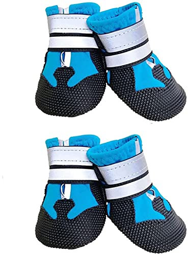 AMOMYDOG Hundeschuhe, 4 Stück Atmungsaktive Hunde Schuhe Outdoor mit Rutschfester Sohle, Verstellbarem Reflektierendem Klettverschluss Hundestiefel für kleine, Mittlere und Große Hunde (Blau, S)