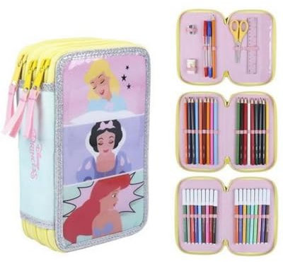 CERDÁ LIFE'S LITTLE MOMENTS - Estuche Escolar 3 Compartimentos Niña de Princesas Disney | Incluye Todo el Material Escolar Necesario para Preescolar y Primaria - Licencia Oficial Disney