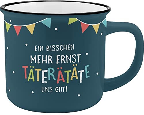 GRUSS & CO Becher Motiv Ernst | New Bone China Porzellan, Emaille-Optik, 35 cl | Geschenk, Tasse lustig | 47898