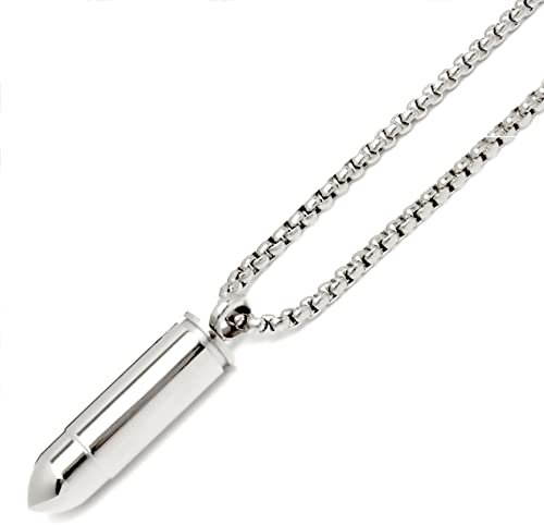 Schmuck-Checker Bullet-Anhänger aus Edelstahl in silber gold schwarz mit Geheimfach Notkapsel Munition Patrone Halskette Herren Geschenk (Silber)
