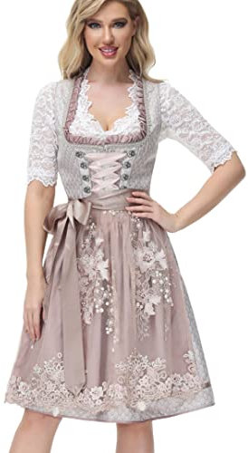 TrendiMax Trachten Damen Dirndl Midi Dirndlkleid Tachtenkleid für Oktoberfest mit Spitzenschürze, Altrosa,44