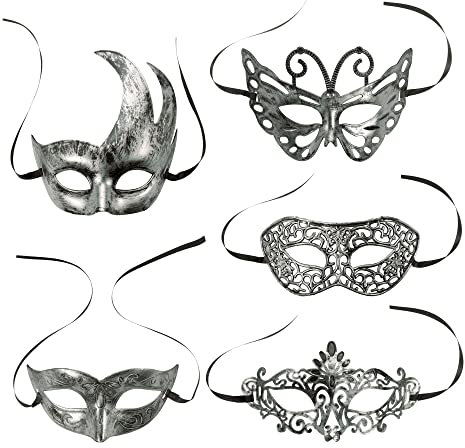 GOMEON 5 Stück Maskerade Maske, Silber Halloween Venezianische Maske Fancy Cosplay Maske Faschingsmasken Maskerade für Kostüm Karneval Party