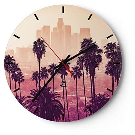 Modern Wanduhr Elche Angeles Palmen 40x40cm Rund Groß Wand Uhr Glas Analog Zimmeruhren Küche Büro Wohnzimmer Glasuhr Wall Clock Dekoration Design Wanddekoration Küchenuhr C3AR40x40-4285