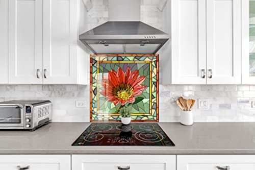 Myphotostation Stained Flower Tempered Glass Backsplash 12x12'' Floral Splashback for Kitchen Decor Bathroom Wall Protector Stove Backsplash Panel Tile Glass Splashback
