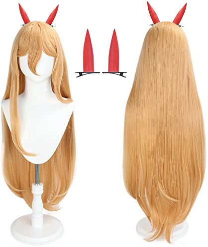 MIGUOO Anime Chainsaw Man Cosplay Wig, Power Wig, with 2 Hair Accessories Women Orange Long Hair Wigs, with Wig Cap, for Halloween Carnival Costume Party Accesorios