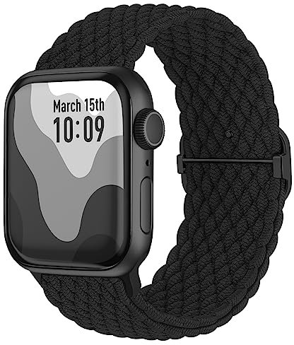Suitisbest Nylon Armband Kompatibel mit Apple Watch 42mm 44mm 45mm 46mm 49mm, Rutschfestes Geflochtenes Elastisches Dehnbares Band für Apple Watch 10 9 8 SE 7 6 5 4 3 2 1 Ultra, Schwarz