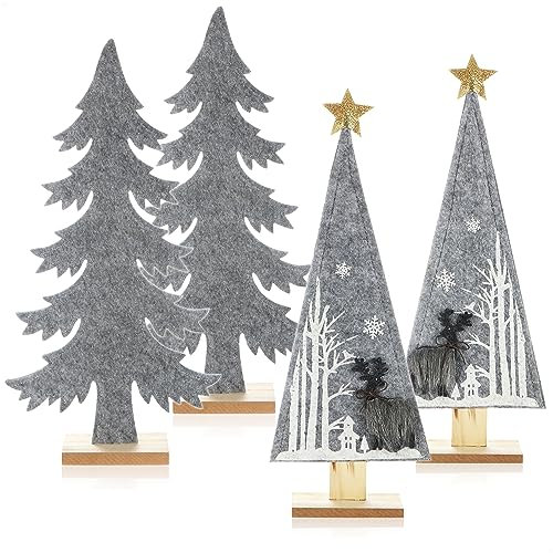 COM-FOUR® 4X dekorativer Aufsteller für Weihnachten - Tannenbaum aus Filz mit Fuß aus Holz - Weihnachtsbaum als Deko für Tisch und Fenster (Tanne + Waldtanne)
