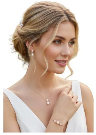 ONDEGO® Rosegold 3er Perlen Schmuckset Halskette Ohrringe Armband Zirkonia Brautschmuck Hochzeit Kommunion Abiball Collier