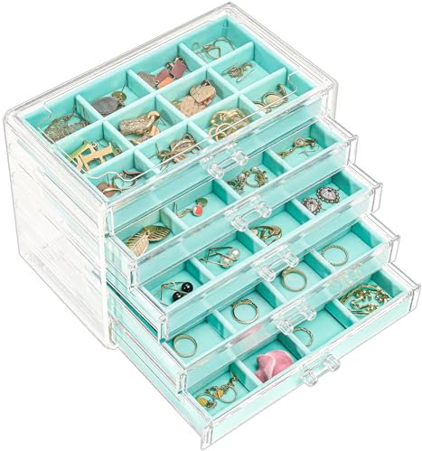 ProCase Acryl Schmuck Organizer Schmuckschatulle für Damen Durchsichtige Schmuckaufbewahrung Schmuckkästchen Schmuckbox mit 5 Schubladen für Ohrringe, Ringe, Armbänder -Blau