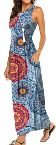 BDTECAOR Maxikleid Damen Sommer Ärmellose Lässige Strandkleider mit Taschen Blumen Maxikleid Blumenmix Blau M