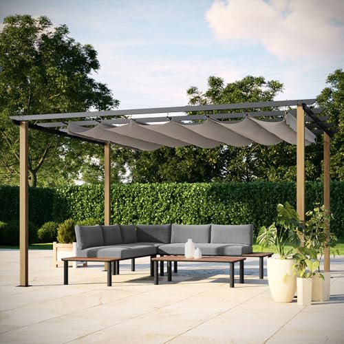 Avril Paris Tonnelle Pergola Aluminium 4x3 m Couleur Bois et Gris - Toile en Polyester Coulissante Rétractable Grise - Pergola Jardin Exterieur - Résistante aux UV – Hawai