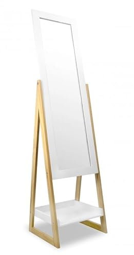 VBChome Bodenspiegel 40 x 36 x 150 cm Weiß-Holzfarben 1 Ablage Holzartig Wohnzimmer Schlafzimmer MDF HolzFüße Aufbewahrungsregal Skandinavischer Stil