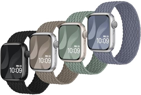 Finoriss Solo Loop Lot de 4 bracelets en nylon tressé extensible compatible avec Apple Watch 45 mm, 44 mm, 42 mm pour Apple Watch 9, 8, SE, 7, 6, 5, 4, 3, 2, 1