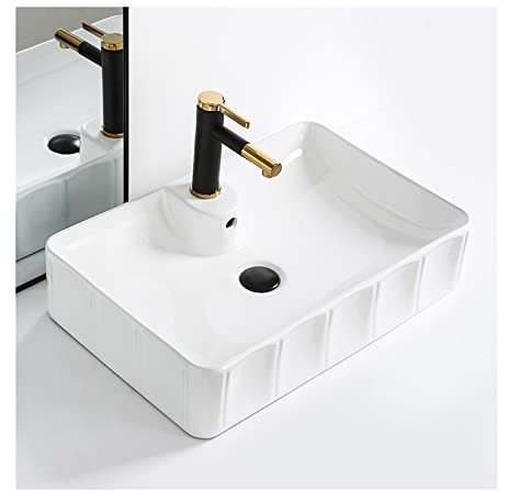 Waschtisch 23,4 x 15,5 rechteckiges Badezimmerwaschbecken mit Abfluss und Wasserhahn, Badezimmerwaschbecken über der Theke, Badezimmer-Waschbecken, Keramik-Waschbecken, Aufsatzwaschbecken, weiße Was