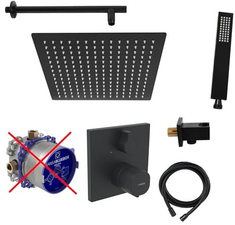 vanvilla Duschsystem mit Unterputz Duscharmatur von Hansa Living Thermostat Armatur und vanvilla Regendusche mit Armatur, Duschkopf eckig, Dusch-SET AS105-ob schwarz matt