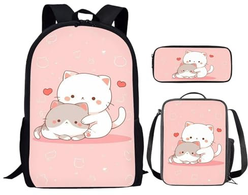 HELLHERO Kawaii Cat Backpack for Girls with Lunch Box Teen School Bag Set 6-8 8-10 Kids School Backpack Pencil Case 10-12 14-16 Children Student Bookbag Elementary Preschool Kindergarten Rucksack