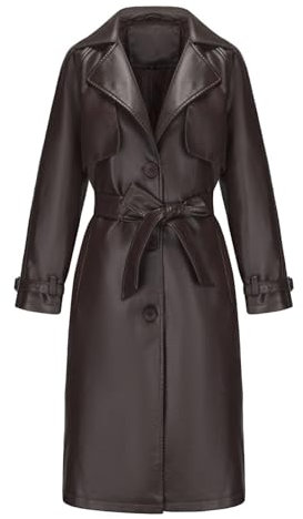 Faux Leather Jacket Womens Long Jacket PU Leather Trench Coat with Belt Stand Collar Button Solid Casual Windproof Jacket with Pocket Winter Warm Motorbiker Jacket