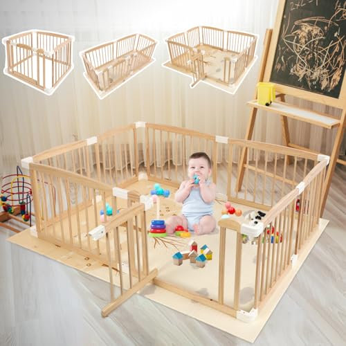 Laufstall für Babys aus Holz mit Matratze, 160x120x61cm Verstellbarer Baby Laufstall Hölzerner Babyzaun Baby Spielplatz Tragbar Babyzaun Spielbereich für Drinnen und Draußen
