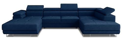 Wohnlandschaft Caris U mit Schlaffunktion und einstellbare Kopfstützen, Ecksofa mit Zwei Bettkästen, Couch, Sofa, Bettsofa (Blau (Kronos 09), Ecksofa Links)