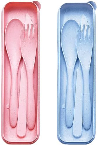 Portable Cutlery Set with Case, 2 Sets Reusable Plastic Knife Fork Spoon Tableware Set, Travel Utensils Set for Camping Picnic Office School or Daily Use (Pink + Blue)