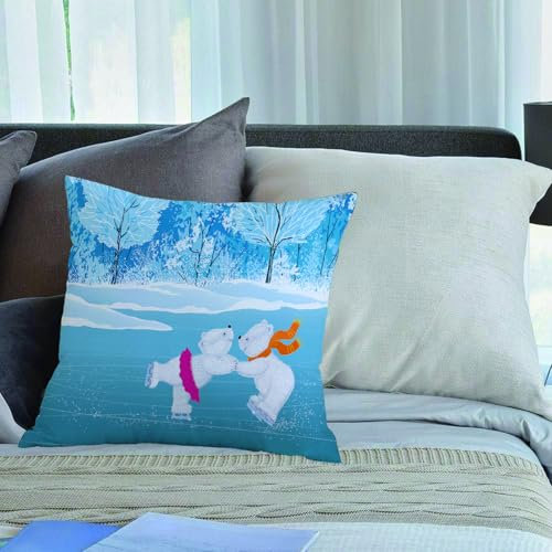 KHWEJ Kissenbezüge 50x50 cm,Cartoon, Kleine Eisbären Laufen Schlittschuh auf dem zugefrorenen See Love Partners Arti,Zierkissenbezug Cushion Cover Couch Wohnzimmer Außenbereich Deko