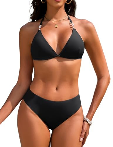 Vijamiy Triangel Bikini Damen Set Sexy Push Up Zweiteiliger Bademode String Bikinis für Damen Neckholder Swimsuit Träger Oberteil mit Riemen Perlen(Schwarz,S)