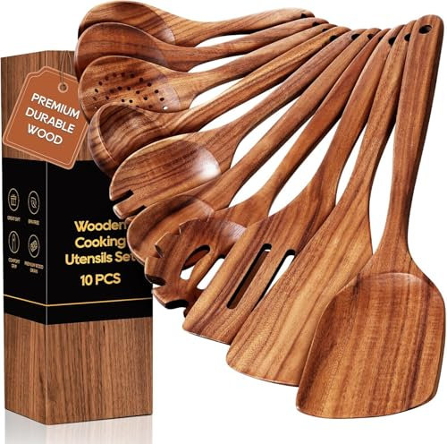 Wooden Spoons for Cooking, 10 Pieces Teak Wood Cooking Utensils Set - Smooth Surface, Non-Stick, Comfortable Handle, Heat-resistant Kitchen Utensils