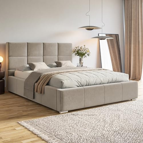 MOTIVENA Luna Bett 160x200 Beige Samt, mit Stauraum, mit Kopfteil, mit Lattenrost, mit Füßen, ohne Matratze, Polsterbett 160x200 mit Bettkasten Beige
