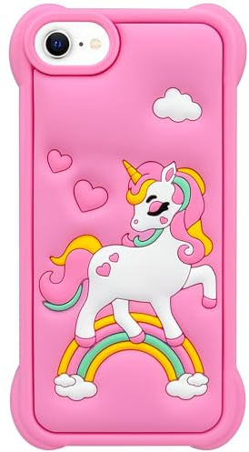 Mouzor Cute Pink Rainbow Unicorn Case Compatible with iPhone SE 2020/ SE 2022, Kawaii Horse iPhone 7/8 Cases, Funny Animal 3D Cartoon Soft Silicone Full Protection Cover for Girls Kids Women