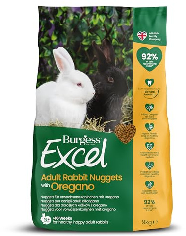 Burgess Excel Adult Rabbit Food with Oregano, 9 kg – Rabbit Nuggets for Adult Rabbits – High Fibre, Oregano Pellets