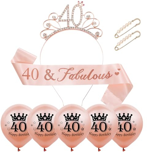 Yxelydriail 40th Birthday Sash and Tiara Rose Sash Rhinestone Crown 40th Birthday Decorations for Women (Rose Gold 40th)