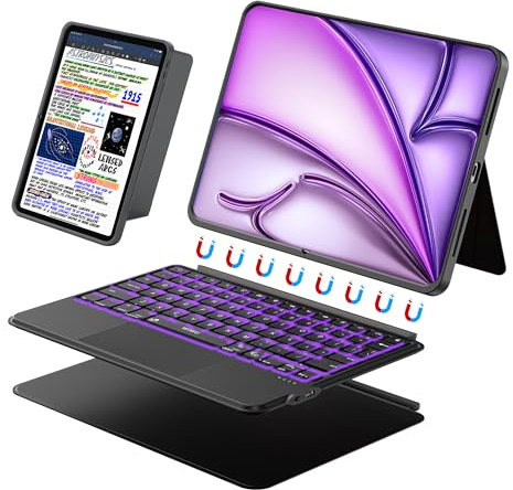 WIWU iPad Case Keyboard Air 13 Inch 3 in 1 Magnetic Detachable Case Keyboard Adjustable Stand 7 Colours Backlit Keys with Trackpad (BLACK, For Air 13(M3/M2) Pro 12.9 6/5/4/3)