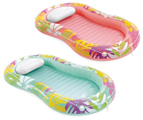 INTEX Tropical Oasis Wasserliege 206x122cm Schwimmliege aufblasbar 57803EU | Liegefläche mit tropischem Flair, integriertes Kissen, Halteleine für Sicherheit, in Pink oder Mintgrün (Zufallsauswahl)