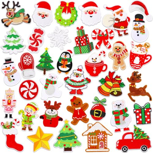 AUGSUN Weihnachten Aufnäher, 36 Stück Weihnachten Patches zum Aufbügeln Selbstklebende Aufbügel Patches Weihnachtsmann Flicken zum Aufbügeln Patch zum Aufnähen für Rucksäcke Hosen Kleidung Jeans