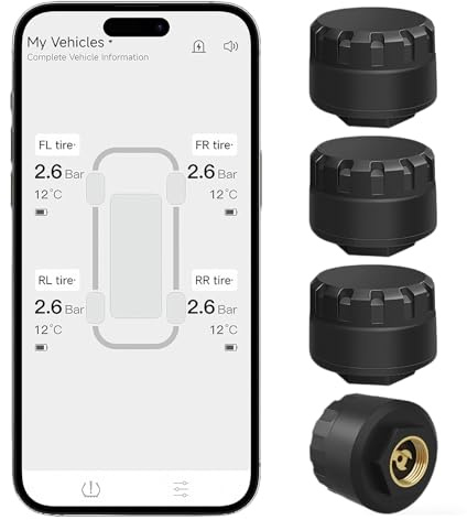 OBEST Reifendruckkontrollsystem mit 4 Externen Sensoren, App Intelligentes Bluetooth TPMS, Drahtloser Reifendruck und Temperaturdetektor, Unterstützt iOS und Android, 0-116psi/0-8bar