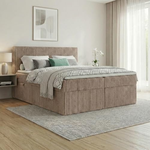 A&J MöbelLand Boxspringbett RALF 200x200 mit Bettkasten und Topper – Bonellmatratze H3 – Stauraum in Beige