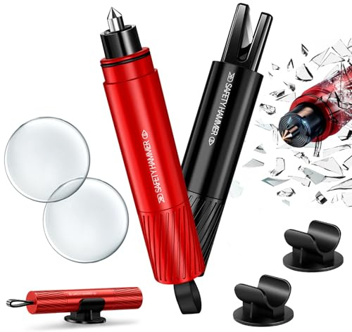 DESPOINA 2er-Pack Notfallhammer Auto mit Gurtschneider, Glasbrecher, Kompakt Federkörner Rescue Tool & Scheiben Zertrümmerer für Schnelle Flucht bei Unfällen (Rot+Schwarz)
