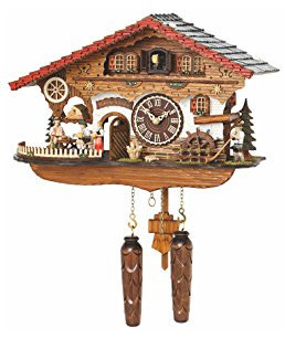 Trenkle Quarz Kuckucksuhr Schwarzwaldhaus mit beweglicher Kellnerin und drehendem Mühlrad, mit Musik TU 4210 QMT HZZG