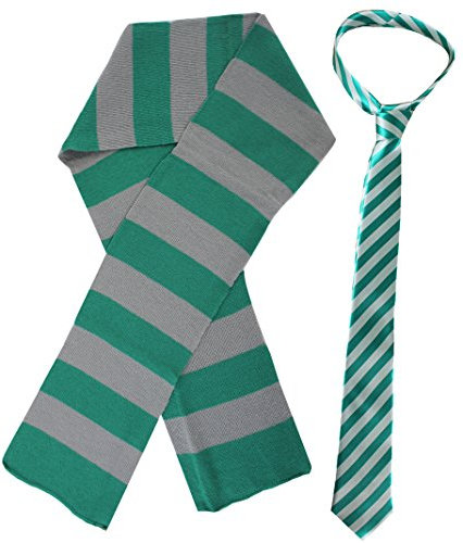 ILOVEFANCYDRESS Wizard Boy gestreifte Krawatte + Schal in der gleichen Farbe der Schule Set Zubehör für Zauberer Kostüm Hexe Kostüm für Feier taglia unica Green & Grey