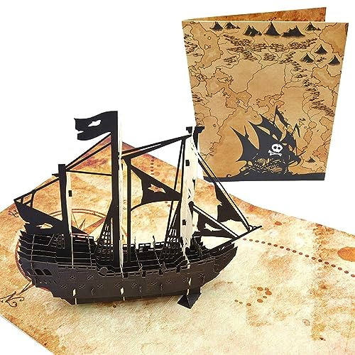 PopLife Pirate Ship & Treasure Map 3D Pop Up Card – Greeting Card for Men, Husband, Son – Birthday, Father’s Day, Graduation, Adventure Party, Nautical & Retirement Gift – Sailing Boat with Skull Flag