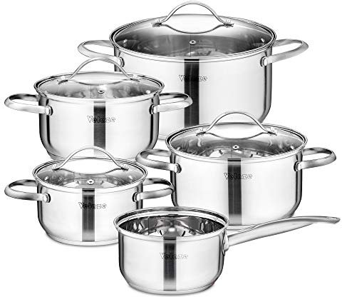 Velaze Juego de Ollas de Acero Inoxidable, Batería de Utensilios de Cocina Conjunto de Cacerolas Antiadherentes(9 Piezas)