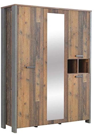 FORTE CLIF Schrank 150 160, Kleiderschrank mit Spiegel Industrial Vintage Schlafzimmerschrank 4-türig Holzdekor: Old – Wood Vintage / Betonoptik Dunkelgrau, 156 cm breit x 205 cm hoch x 52 cm tief