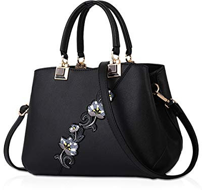 NICOLE & DORIS Borsa a Mano da Donna Firmate Moda Borsa Donna Tracolla Media Multicolore Borse Tote Donna in PU Pelle Borsetta Borse a Spalla con Fiori Nero b