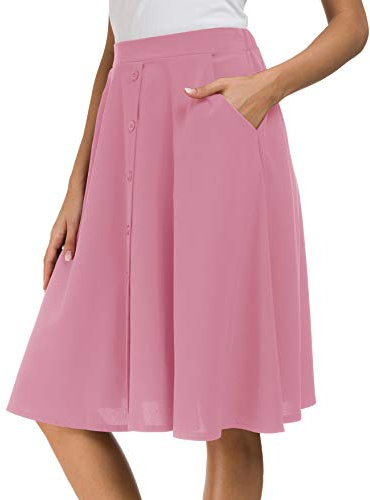 Afibi Damen Midirock mit hoher Taille, A-Linie, Plissee-Rock mit Knopfleiste vorne, mit Tasche, rose, X-Groß