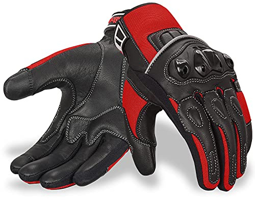 Oro Biker Motorbike Motorcycle Gloves, Premium Leather and Summer Mesh Hard Knuckle Touch Screen Motorbike Gloves Racing ATV Riding Gloves for Men (Medium, Black/Red)