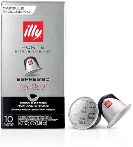 illy, Cafè en Capsules Compatibles en Aluminium FORTE, 100% Arabica avec un Arôme Intense de Pain Grillé et un Arrière-goût de Chocolat Noir, Arôme Fort, 10 Paquets de 10 (100 Capsules au Total)