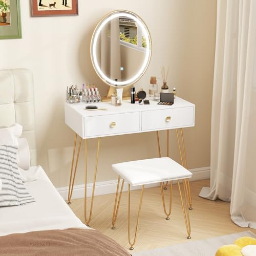 COSTWAY Dressing Table and Stool Set with Detachable LED Lights Mirror, Adjustable Brightness, 2 Drawers and 16-Grid Makeup Box, Bedroom Dresser Cosmetics Makeup Table Vanity Desk (White)