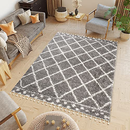 TAPISO Boho Fringes Teppich Hochflor Langflor Shaggy Fransenteppich Dunkelgrau Creme Karo Punkte Geometrisch Diamant Modern ÖKOTEX 140 x 200 cm