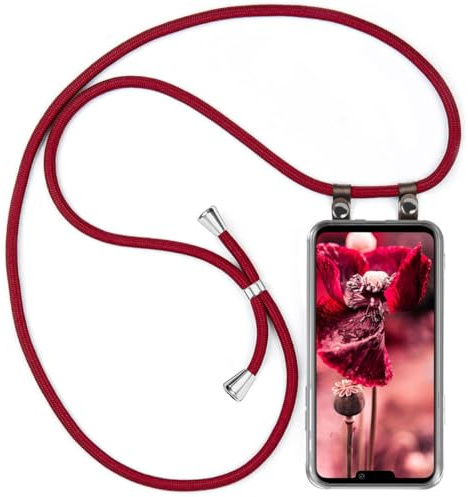 moex Handykette für LG G8 ThinQ Hülle mit Band abnehmbar, Handyhülle mit Kette zum Umhängen, Handyband 155 cm lang Stoff Kordel Umhängehülle, Handy Umhängeband, Weinrot