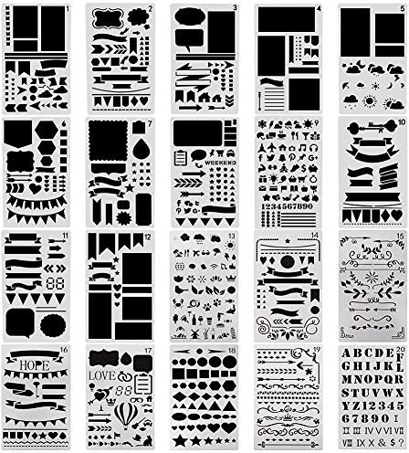 Senbeeda 20 Stück Bullet Schablonen-Set, Zeichenschablonen Set, Journal Zubehör Schablonen für Tagebuch, Bullet Journal, DIY Scrapbook, viele verschiedene Designs - Buchstaben, Zahlen, Muster